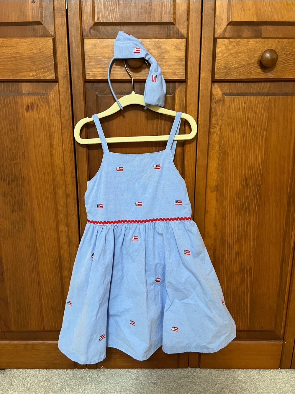 Janie and Jack Light Blue Flag Sundress with Red Trim and Matching Bow Headband